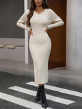 Aveloria Modichic Elegant Keyhole Neckline Plain Knit Ribbed Bodycon Long Sleeve Maxi Sweater Dress For Women