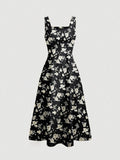 Black Floral Sleeveless Waist Cinched Sundress