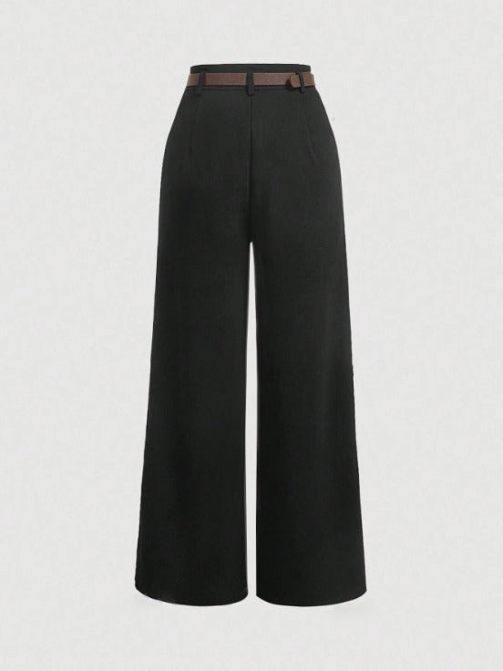 Black High Waist Plicated Straight Leg Belted Dress Pants Without Belt – Parien House Black High Waist Plicated Straight Leg Belted Dress Pants Without Belt – Parien House