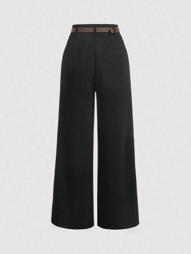 Black High Waist Plicated Straight Leg Belted Dress Pants Without Belt