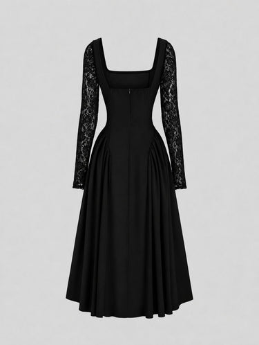 Black Luxury Contrast Lace Square Neck Flared Dress