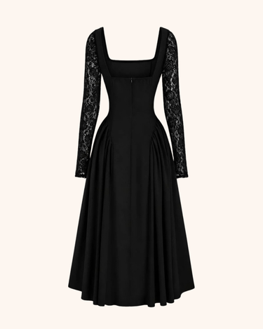 Black Luxury Contrast Lace Square Neck Flared Dress