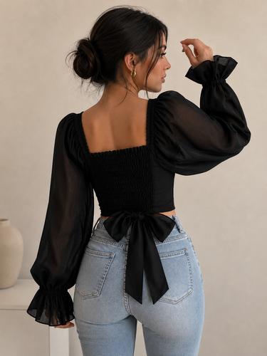 Black Chiffon Long Sleeve Top