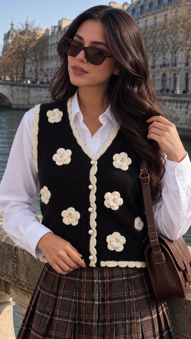 Parien Crochet Flower Pearl Button Knit Vest