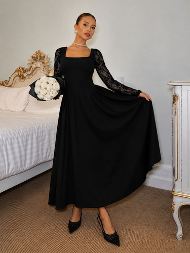 Black Luxury Contrast Lace Square Neck Flared Dress