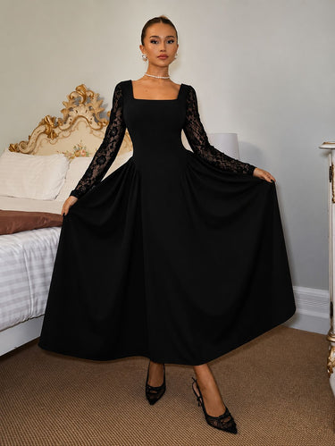 Black Luxury Contrast Lace Square Neck Flared Dress