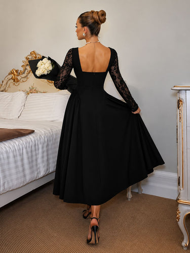 Black Luxury Contrast Lace Square Neck Flared Dress