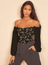 Black low shoulder gathered crop blouse