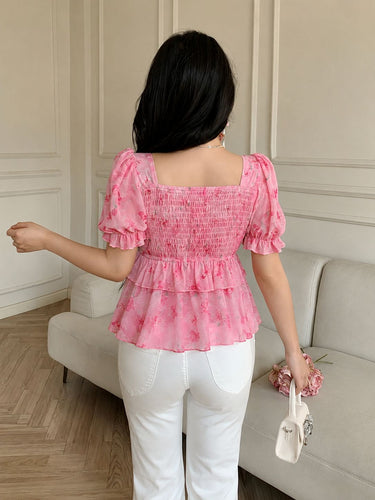 Bow Tie Waist Ruffle Hem Blouse(CLEARANCE SALE)