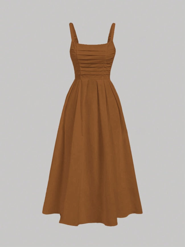 Brown MOD Solid Fold Pleated Cami Dress