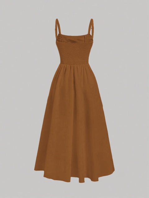 Brown MOD Solid Fold Pleated Cami Dress