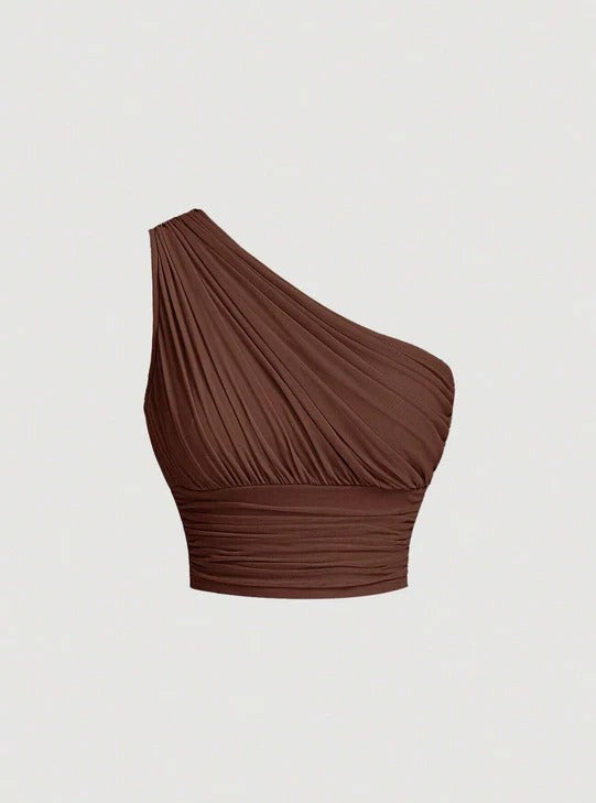 Brown One Shoulder Ruched Red Slim Fit Crop Top