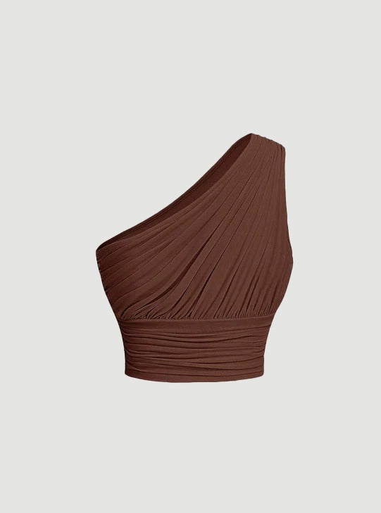 Brown One Shoulder Ruched Red Slim Fit Crop Top