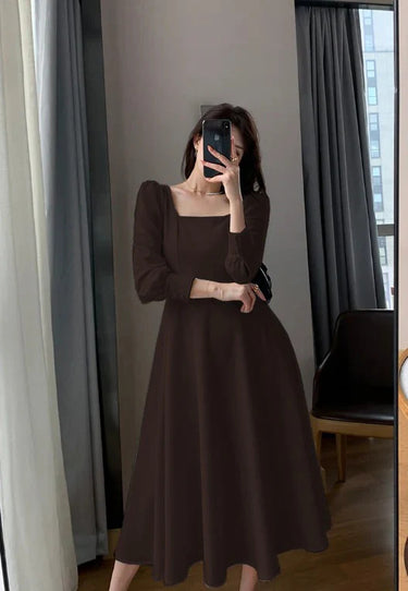 Brown Square Neck Fit & Flare Midi Dress