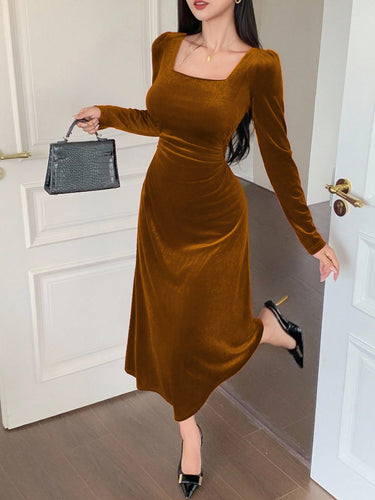 Brown Square Neck Mid-Length Dress