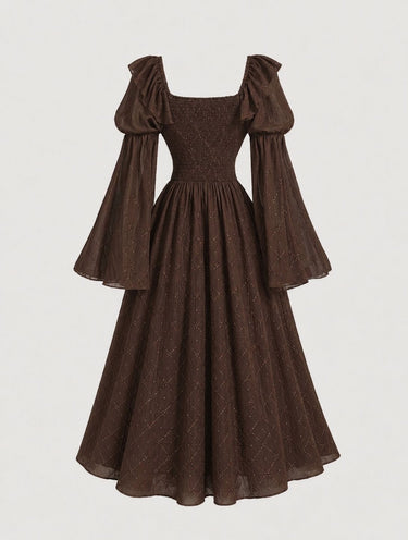 Brown Chiffon Flare Sleeve A-Line Dress