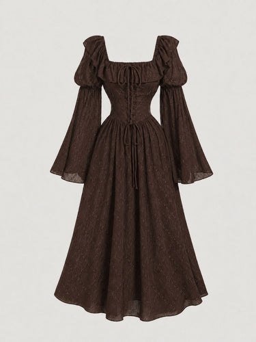 Brown Chiffon Flare Sleeve A-Line Dress