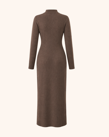 Brown Hollow Out High Neck Long Sleeve Slimming Dress
