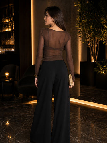 Brown Rhinestone Cowl-Neck Rhinestone Mesh Top