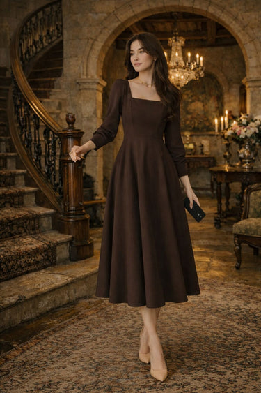 Brown Square Neck Fit & Flare Midi Dress