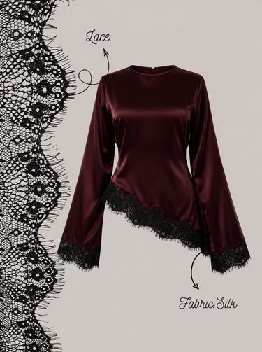 Parien Lace Patchwork Round Neck Long Sleeve Tie Waist Top