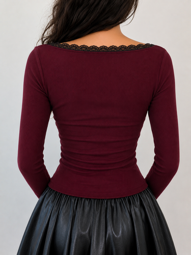 Burgundy Square Neck Long Sleeve Slim Fit  T-Shirt