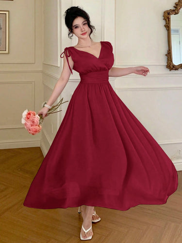 Crinkle Chiffon Solid Ruched Bust Tie Shoulder Dress
