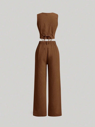 Camel Corduroy Front Button Vest And Trousers, Vintage Suit Set