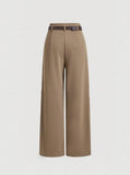 Camel High Waist Plicated Straight Leg Belted Dress Pants Without Belt