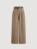 Camel High Waist Plicated Straight Leg Belted Dress Pants Without Belt