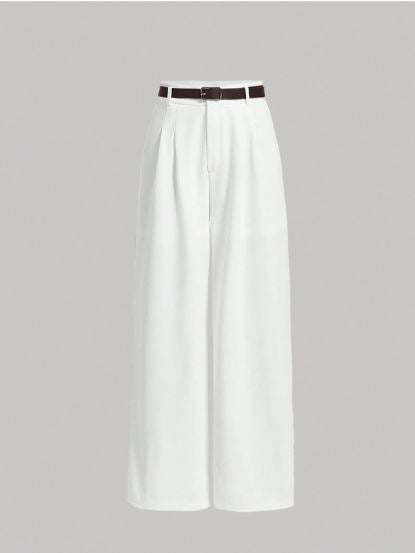 High Waist Plicated Straight Leg Belted Dress Pants