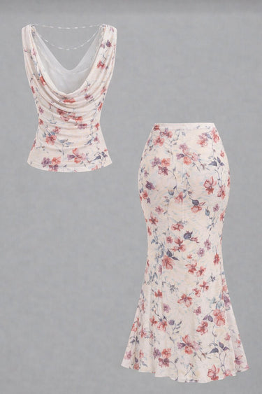 Chain Decor Draped Neck Sleeveless Top&Fishtail Hem Midi Skirt(CLEARANCE SALE)
