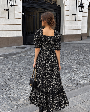 Parien Floral Puff‑Sleeve Laced Tie Neck Vintage‑Inspired Dress
