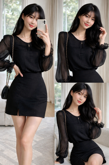 Black Chiffon Shirt With Ruffle Sleeves(Clearance sale)