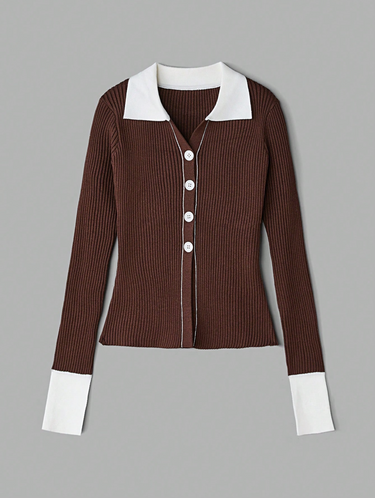 Parien Cocoa & Cream Ribbed Knit Cardigan