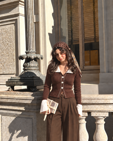 Parien Cocoa & Cream Ribbed Knit Cardigan