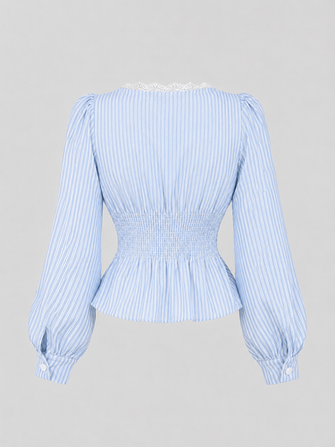 Contrast Lace Button Design Striped Lantern Sleeve Blouse