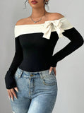 Contrast Color Bow Tie Decorated Off Shoulder Bodysuit