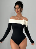 Contrast Color Bow Tie Decorated Off Shoulder Bodysuit