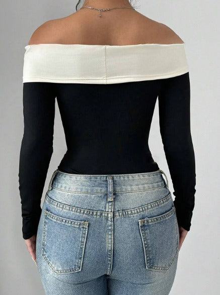 Contrast Color Bow Tie Decorated Off Shoulder Bodysuit