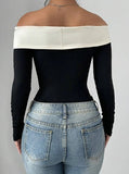 Contrast Color Bow Tie Decorated Off Shoulder Bodysuit