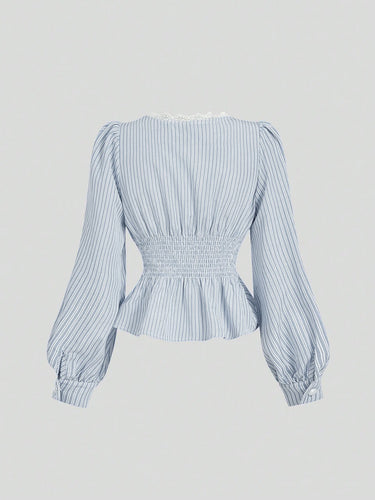 Contrast Lace Button Design Striped Lantern Sleeve Blouse