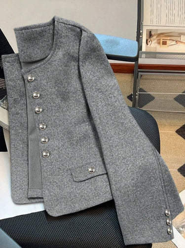 Grey Essnce Casual Solid Color Minimalist Short Woolen Jacket
