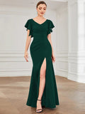 Deep V Neck Short Ruffles Sleeves Split Evening Dress( CLEARANCE SALE