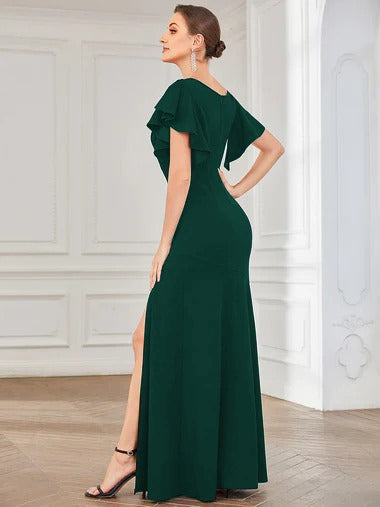 Deep V Neck Short Ruffles Sleeves Split Evening Dress CLEARANCE SALE Parien House