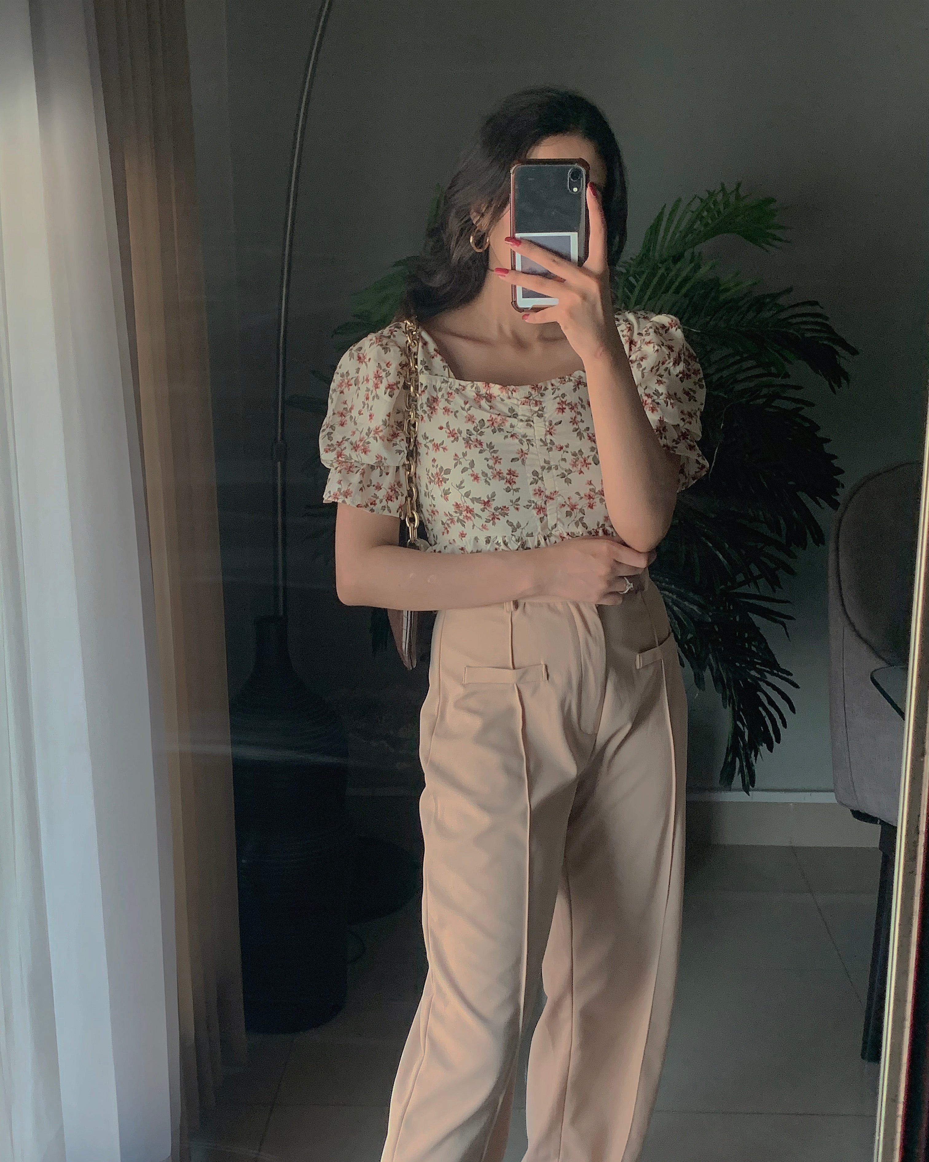Ditsy Floral Shirred Top and High Waist Straight Leg Pant