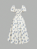 Ditsy Floral Puff Waist Swing, Embroidered  Dress