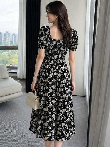 Ditsy Floral Square Neck Elegant Short Sleeve Dress