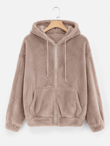 Drop Shoulder 3D Zipper Teddy Hoodie