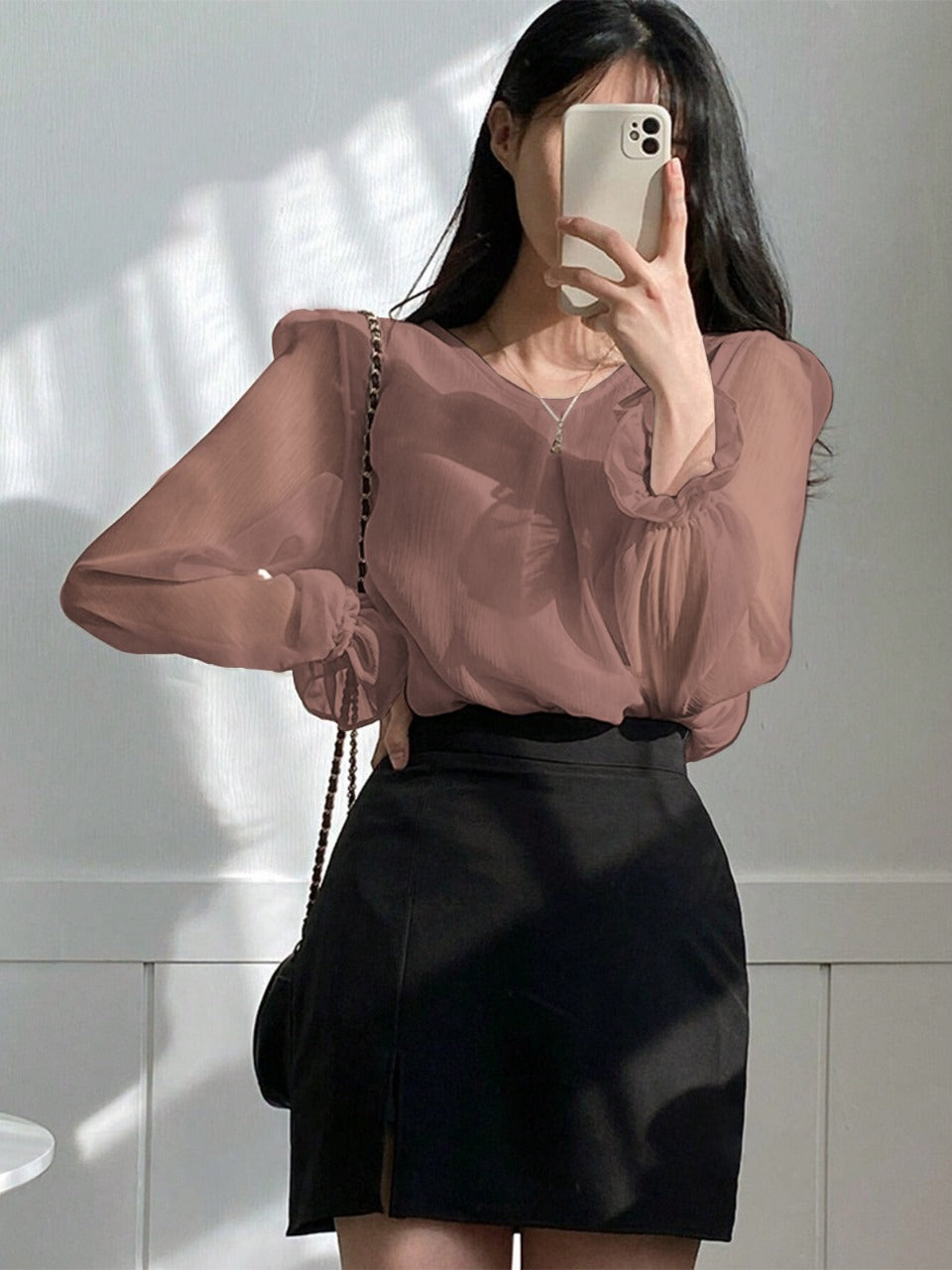 Dusty Pink Chiffon Top With Ruffle Sleeves(Clearance Sale)